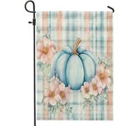 Bandiere da giardino a quadri blu con zucca autunnale, 30,5 x 45,7 cm, per esterni, graziose bandiere autunnali in lino verticali standard per casa, fattoria, cortile, cortile, prato, decorazione