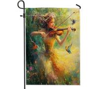 Bandiere da giardino a tema violino fantasy, 30,5 x 45,7 cm, double face, per esterni, strumento musicale fatato, piccole bandiere per casa, uccelli, iuta, cortile, prato, bandiere per esterni