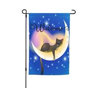 Bandiere da giardino Adorabile gatto nero che dorme sulla luna Bandiera da cortile Premium Bellissimo cielo notturno dipinto Festa Bandiera Bandiera da esterno Fattoria Decor Portico domestico Bandier