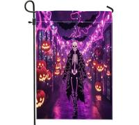 Bandiere da giardino al neon con scheletro di Halloween, 30,5 x 45,7 cm, per esterni, con teschio di zucca spaventosa, bandiere verticali standard in lino, strana decorazione per esterni
