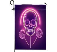 Bandiere da giardino al neon con scheletro di Halloween, 30,5 x 45,7 cm, per esterni, psichedelico, spaventoso, teschio, caramelle, bandiere verticali standard in lino, strana decorazione per esterni
