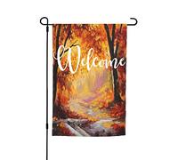 Bandiere da giardino Alberi d'oro con fiume Premium Yard Flag Autunno Foresta Bellissimo paesaggio Pittura a olio Vacanza Festa Bandiera Outdoor Fattoria Decor Home Portico Bandiere 12 x 18 pollici