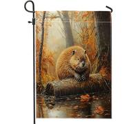 Bandiere da giardino autunnali castoro bosco 30,5 x 45,7 cm su entrambi i lati per esterni, bandiere verticali standard per la casa, in tela di legno forestale, fiume, cortile, cortile, prato