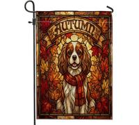 Bandiere da giardino autunnali Cavalier King Charles Spaniel 30,5 x 45,7 cm per esterni, motivo vetro colorato per le vacanze, bandiere standard per la casa in lino, bandiere per la casa del cortile