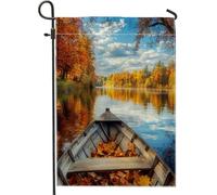 Bandiere da giardino autunnali con barca sul fiume 30,5 x 45,7 cm, double face, per esterni, foresta, autunno, nave, standard, verticale, tela, bandiere, paesaggio, lago, scenico, cortile, cortile