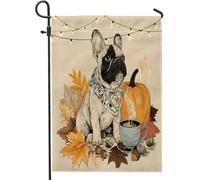Bandiere da giardino autunnali con bulldog francese 30,5 x 45,7 cm, double face, per esterni, con zucca autunnale, caffè, ghianda, bandiera standard in tela per casa, cucciolo di animale domestico