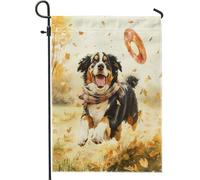 Bandiere da giardino autunnali con cane da montagna del Bernese, 30,5 x 45,7 cm, double face, per esterni, divertente motivo autunnale con cuccioli, bandiere standard in tela per casa, foglie d'acero
