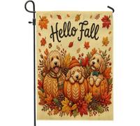 Bandiere da giardino autunnali con cane scarabocchio dorato, 30,5 x 45,7 cm, double face, per decorazione esterna, bandiera autunnale in tela di zucca per cortile, piccola bandiera da giardino
