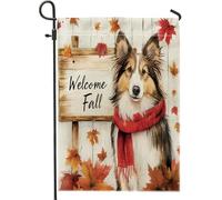 Bandiere da giardino autunnali per cani Rough Collie, 30,5 x 45,7 cm, double-face, per esterni, con motivo autunnale con cuccioli, bandiere standard in tela per casa, foglia d'acero in legno, bandiera