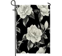 Bandiere da giardino bianche e nere Gardenia 30,5 x 45,7 cm per esterni, bandiere verticali standard floreali in lino per casa, arte floreale cortile cortile prato bandiere decorazione esterna