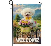 Bandiere Da Giardino Bichon Frise White Puppy Flower Welcome Pride Flag Durevole Bandiera Decorativa Resistente Dissolvenza Outdoor Bandiera Per Celebrazioni Portico Prato 30X45Cm