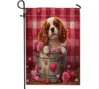 Bandiere da giardino Cavalier King Charles Spaniel 30,5 x 45,7 cm, double face, per esterni, San Valentino, scozzese, cuore, juta, prato, cortile, piccola casa, bandiere, decorazione per esterni
