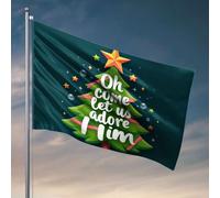 Bandiere da giardino con albero di Natale divertente con ornamenti e testo "Oh Come Let Us Adore Him". Bandiere divertenti e divertenti (60 x 90 cm)