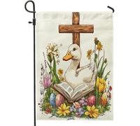 Bandiere da giardino con anatra pasquale primaverile, 30,5 x 45,7 cm, double face, per decorazione esterna, uova di campagna, fiori e pollame, bandiera in tela divertente per esterni, piccola bandiera