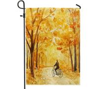 Bandiere da giardino con bicicletta autunnale ad acquerello, 30,5 x 45,7 cm, double face, per esterni, foresta, sentiero, bick scenico, standard, in tela, per esterni, per il Ringraziamento, cortile