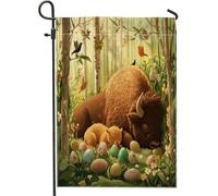 Bandiere da giardino con bisonte pasquale primaverile, 30,5 x 45,7 cm, double face, per decorazione esterna, uova di animali selvatici della foresta, bandiera per casa, scenica all'aperto piccola