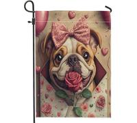 Bandiere da giardino con bulldog di San Valentino, 30,5 x 45,7 cm, per esterni, lettere d'amore, bandiere verticali standard in lino, stampa per amanti del cortile, cortile, prato, decorazione esterna
