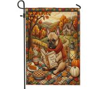 Bandiere da giardino con bulldog francese autunnale, 30,5 x 45,7 cm, double face, per esterni, stile autunnale, trapuntato, per campeggio, cortile, casa, campagna, all'aperto, piccola bandiera per
