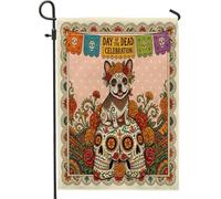 Bandiere da giardino con bulldog francese del giorno dei morti, 30,5 x 45,7 cm, per esterni, motivo teschio, bandiere per la casa in lino, stile bohémien, per cortile, cortile, prato, decorazione per