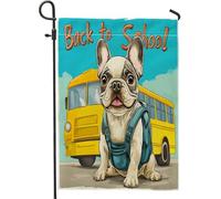 Bandiere da giardino con bulldog francese, scuolabus, 30,5 x 45,7 cm, per esterni, divertente per il rientro a scuola, bandierine verticali standard in lino, per animali domestici, cortile, cortile