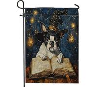 Bandiere da giardino con cane Boston Terrier, strega di Halloween, 30,5 x 45,7 cm, per esterni, vintage libro magico cucciolo, bandiere verticali standard in lino per casa, bandiere estetiche per