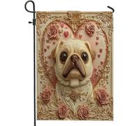 Bandiere da giardino con cane carlino, 30,5 x 45,7 cm, per esterni, motivo a cuore in rilievo per San Valentino, bandiere per la casa in lino standard, bandiere per animali domestici, cortile, cortile
