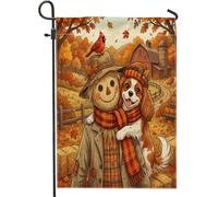 Bandiere da giardino con cane Cavalier King Charles Spaniel autunnale, 30,5 x 45,7 cm, double face, per decorazione esterna, bandiera autunnale spaventapasseri in tela per casa, fattoria all'aperto