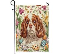 Bandiere da giardino con cane Cavalier King Charles Spaniel di Pasqua, 30,5 x 45,7 cm, double face, decorazione per esterni, con uova floreali vintage, bandiera per la casa, divertente bandiera per