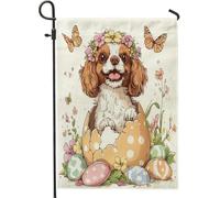 Bandiere da giardino con cane Cavalier King Charles Spaniel di Pasqua, 30,5 x 45,7 cm, double face, decorazione esterna, divertente e carino, motivo con uova carine, bandiera per casa, fiori