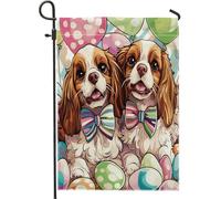 Bandiere da giardino con cane Cavalier King Charles Spaniel di Pasqua, 30,5 x 45,7 cm, double face, per decorazione esterna, uova in vetro colorato, bandiera in tela per cortile e giardino, divertente