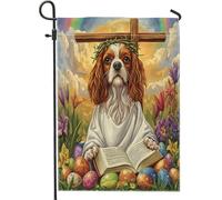 Bandiere da giardino con cane Cavalier King Charles Spaniel di Pasqua, 30,5 x 45,7 cm, double face, per esterni, retro croce uovo cucciolo, bandiera standard in tela per casa, cortile, cortile, prato