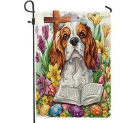 Bandiere da giardino con cane Cavalier King Charles Spaniel di Pasqua, 30,5 x 45,7 cm, double face, per decorazione esterna, uova di campagna, bandiera in tela per cortile e cortile, divertente