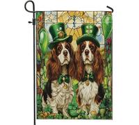 Bandiere da giardino con cane Cavalier King Charles Spaniel di San Patrizio, 30,5 x 45,7 cm, double face, per decorazione esterna, bandiera in tela per cuccioli in vetro colorato, bandiera per animali