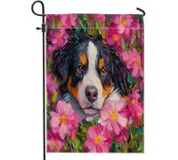 Bandiere da giardino con cane da montagna bernese, 12 x 18 su entrambi i lati per esterni, pittura a olio con fiori di pesco, bandiere verticali per casa, bandiere per animali domestici, decorazione