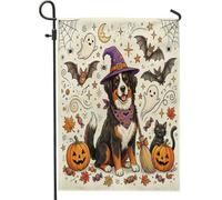 Bandiere da giardino con cane da montagna bernese di Halloween, 30,5 x 45,7 cm, per esterni, grazioso motivo pipistrelli per le vacanze, bandiere per la casa in lino standard, fantasmi, cortile