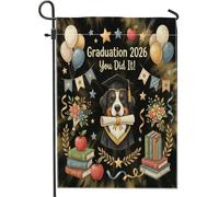 Bandiere da giardino con cane da montagna del Bernese Congrats Grad 30,5 x 45,7 cm, double face per esterni, motivo graduazione oro nero bandiera standard in tela per casa, classe 2026 cortile cortile