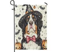 Bandiere da giardino con cane da montagna del Bernese di Halloween, 30,5 x 45,7 cm, double face, decorazione esterna, spaventosa zucca, pipistrello, cucciolo, bandiera, casa, tela, per animali