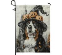 Bandiere da giardino con cane da montagna del Bernese di Halloween, 30,5 x 45,7 cm, double face, decorazione per esterni, motivo vintage con cucciolo di casa infestata, divertente bandiera da giardino