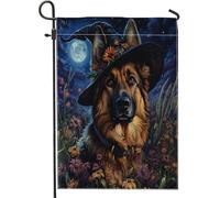 Bandiere da giardino con cane da pastore tedesco e strega di Halloween, 30 x 45 cm, double face, per esterni, con motivo floreale con cuccioli, bandiere standard in tela per la casa, divertente