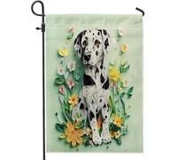 Bandiere da giardino con cane dalmata primaverile, 30,5 x 45,7 cm, double face, decorazione esterna, divertente cucciolo animale floreale per cortile in tela, bandiera per la casa, piccola bandiera da