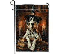 Bandiere da giardino con cane dalmata strega di Halloween, 30,5 x 45,7 cm, double face, per esterni, libro magico, candela, cucciolo, bandierine standard in tela, bandiera vintage per cortile cortile