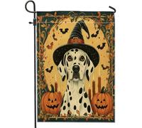 Bandiere da giardino con cane dalmata strega di Halloween, 30,5 x 45,7 cm, double face per esterni, motivo cucciolo psichedelico spaventoso, bandiere standard in tela per casa, divertente bandiera per