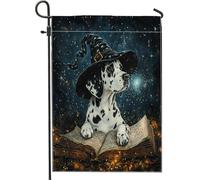 Bandiere da giardino con cane dalmata strega di Halloween, 30,5 x 45,7 cm, per esterni, vintage libro magico cucciolo, bandiere verticali standard in lino per casa, cortile anteriore, cortile, prato
