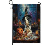 Bandiere da giardino con cane dalmata strega di Halloween, 30 x 45 cm, per esterni, tarocchi astrologia cucciolo, bandiere verticali standard in lino per casa, cortile anteriore strega, cortile, prato