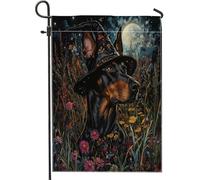 Bandiere da giardino con cane doberman, strega di Halloween, 30,5 x 45,7 cm, double face, per esterni, con motivo floreale, bandiera standard in tela per la casa, divertente bandiera per cortile