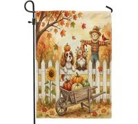Bandiere da giardino con cane Fall Cavalier King Charles Spaniel, 30,5 x 45,7 cm, double face, per esterni, gnomo autunnale, fattoria, bandiere verticali standard per casa, spaventapasseri, cortile