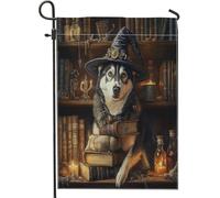 Bandiere da giardino con cane husky di Halloween, 30,5 x 45,7 cm, per esterni, libri magici di strega spaventosa, bandiere verticali standard in lino per casa, cortile, cortile, prato, decorazione per