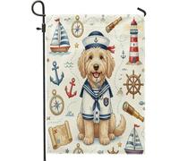 Bandiere da giardino con cane labradoodle nautico blu navy, 30,5 x 45,7 cm, double face, per esterni, motivo rotta di nave per cuccioli estivi, bandiere standard in tela per la casa, fresca bandiera