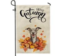 Bandiere da giardino con cane levriero autunnale, 30,5 x 45,7 cm, double face, per esterni, divertente motivo autunnale con foglie d'acero, bandiere standard in tela per la casa, strana e carina