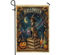 Bandiere da giardino con cane levriero di Halloween, 30,5 x 45,7 cm, double face, per esterni, per vacanze, vintage, in tela, per casa, libri, cortile, prato, bandiere per esterni